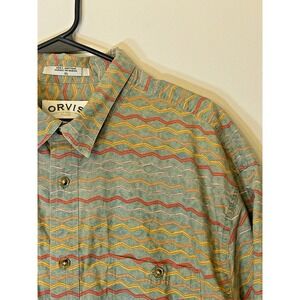 Orvis Button Down Multicolor Geometric Stripe Short Sleeve Casual Shirt Mens XL